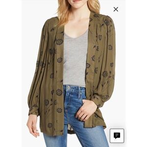 Hinge‎ Embellished Floral Kimono Top Small Long Sleeve Beaded Olive Green NWT